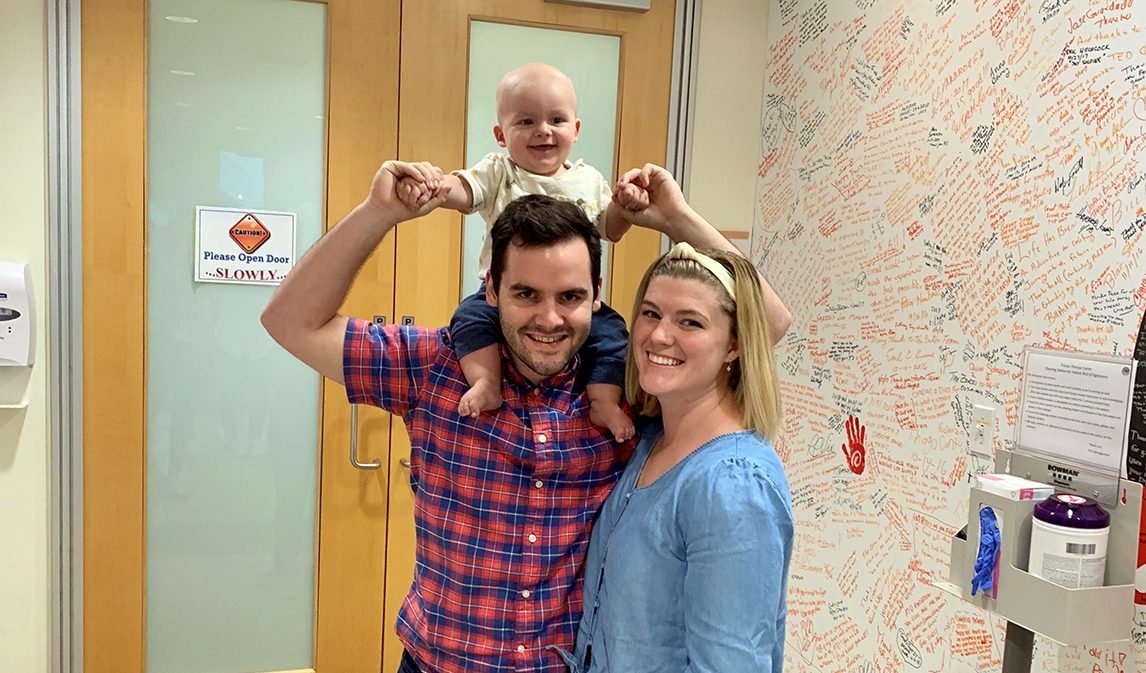 Charlie Brimley with his parents, Shelby and Scott Brimley, at the MD Anderson Proton Therapy Center on Oct. 4, 2019..