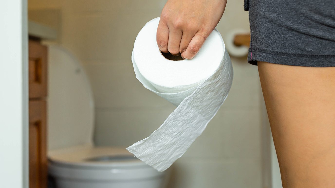 Woman's thigh in gray shorts with hand holding roll of toilet paper and toilet in the background