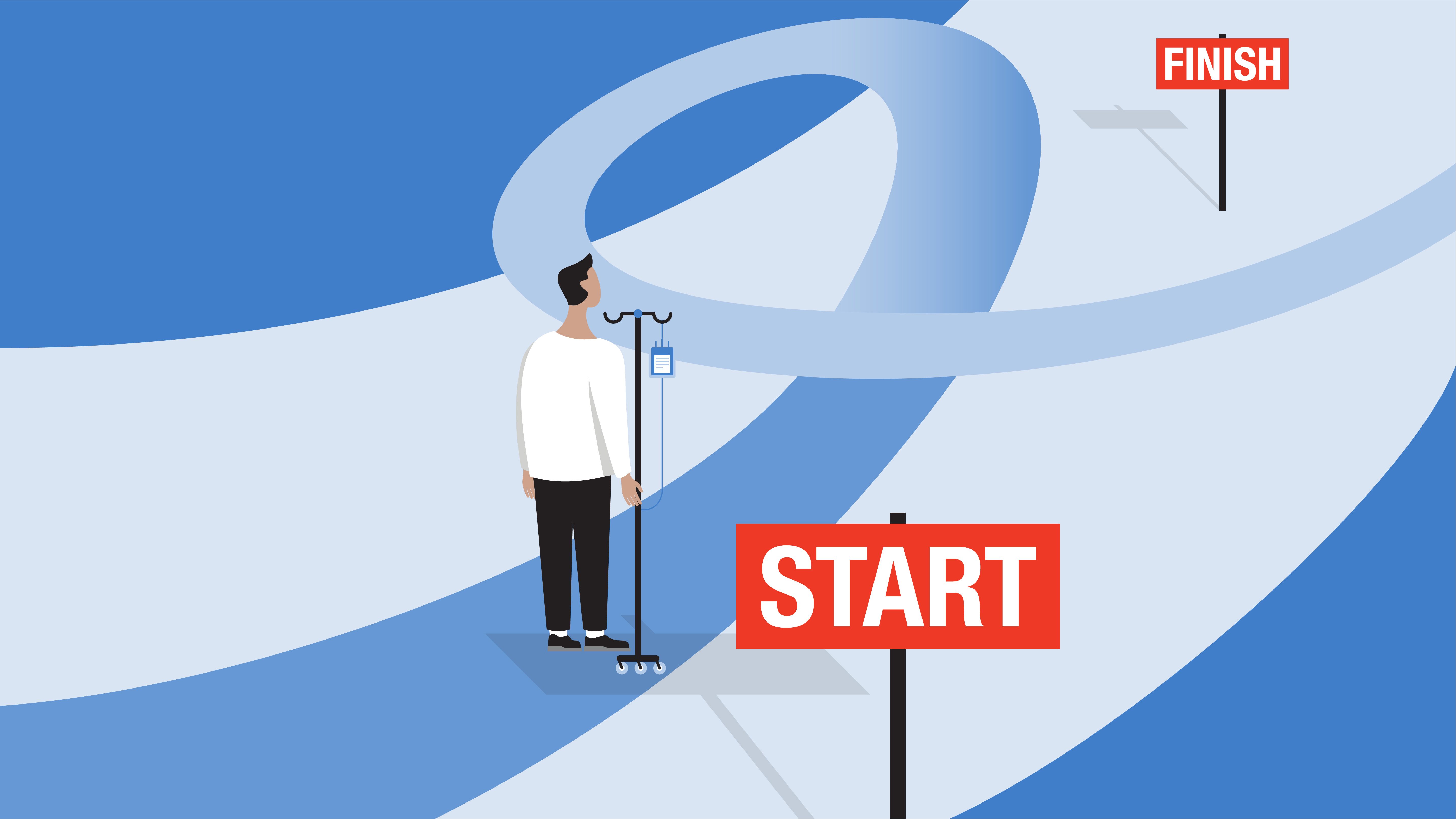 Cartoon man with IV pole at start of winding road with finish line in distance