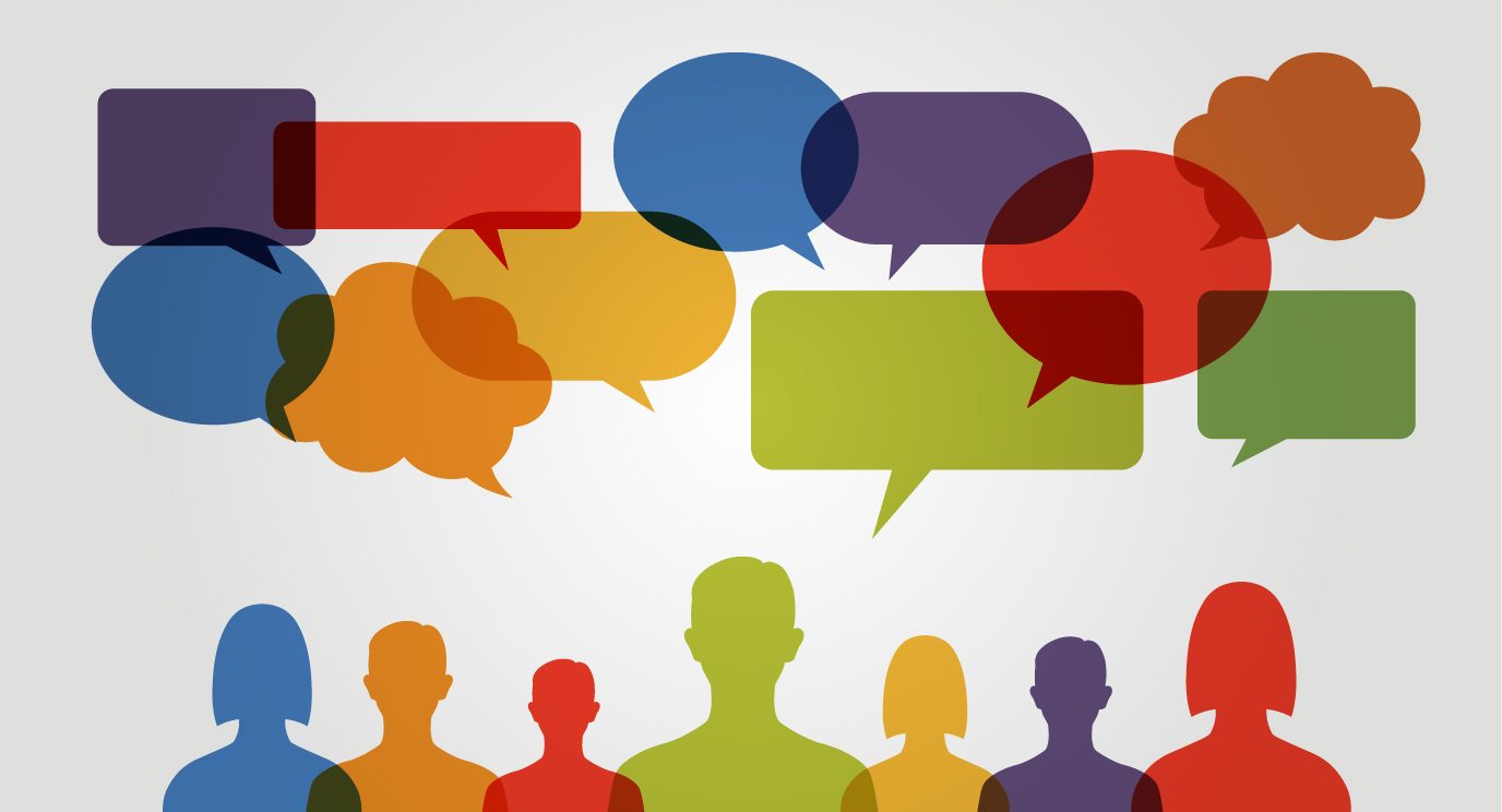 Seven colorful silhouettes of people with a group of speech balloons in various shapes over their heads