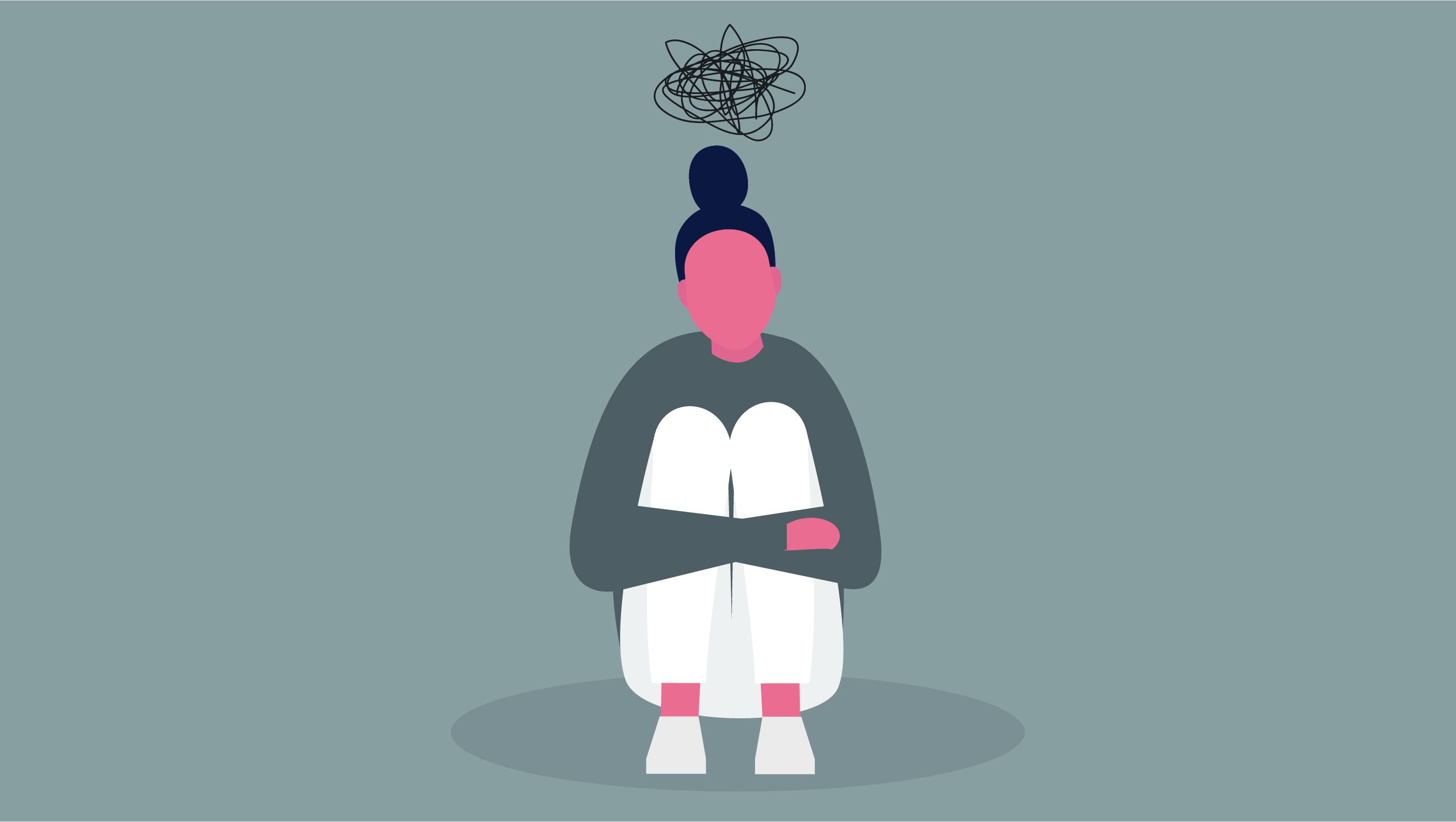 illustration of woman hugging her knees, with a cloud over her head