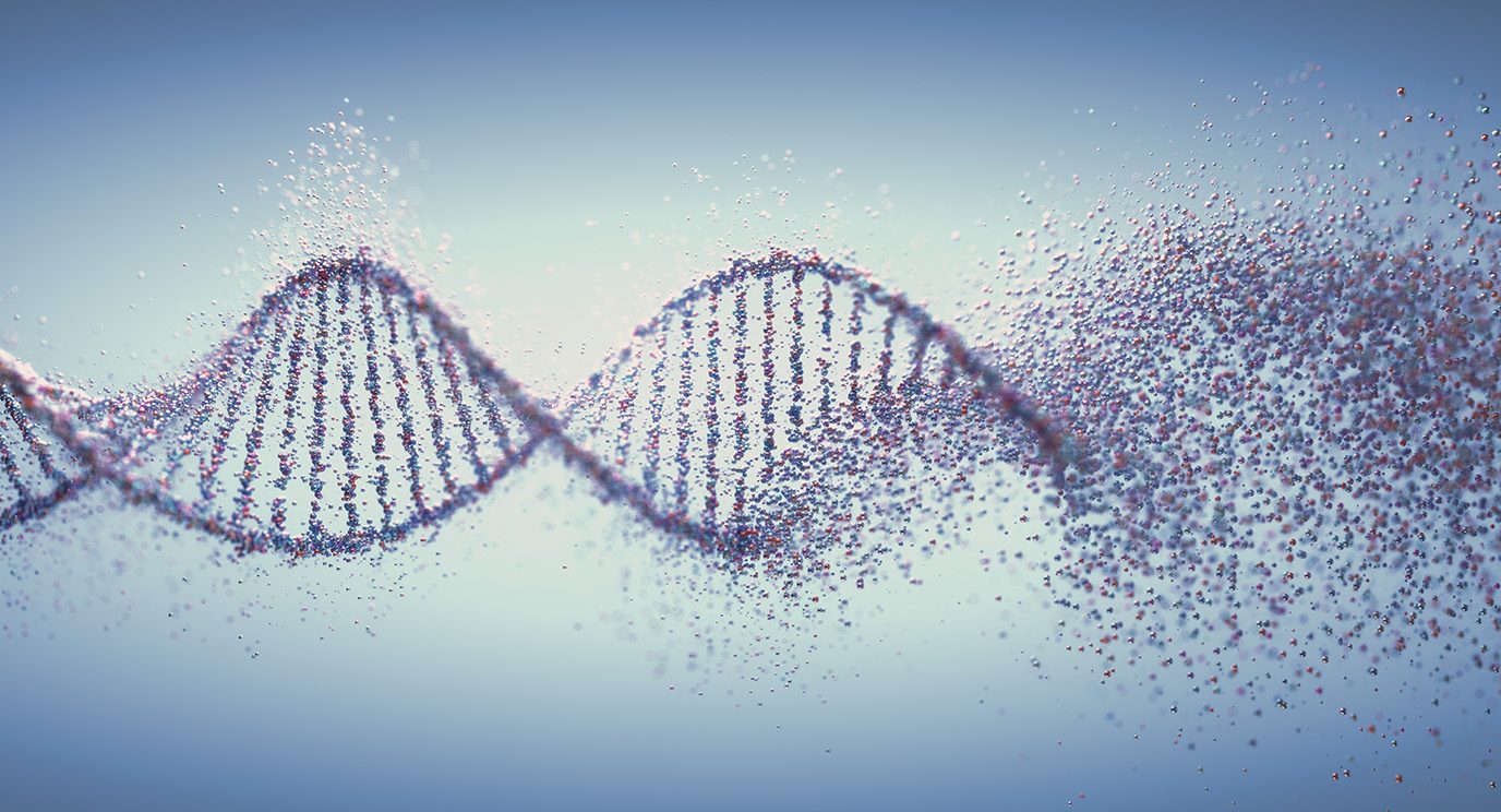 Illustrated DNA double helix that breaks into thousands of small molecules