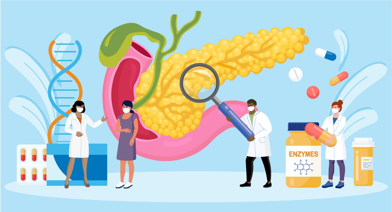 Illustration of a pancreas, with doctors and a patient showing treatment options for pancreatic cancer related pain.