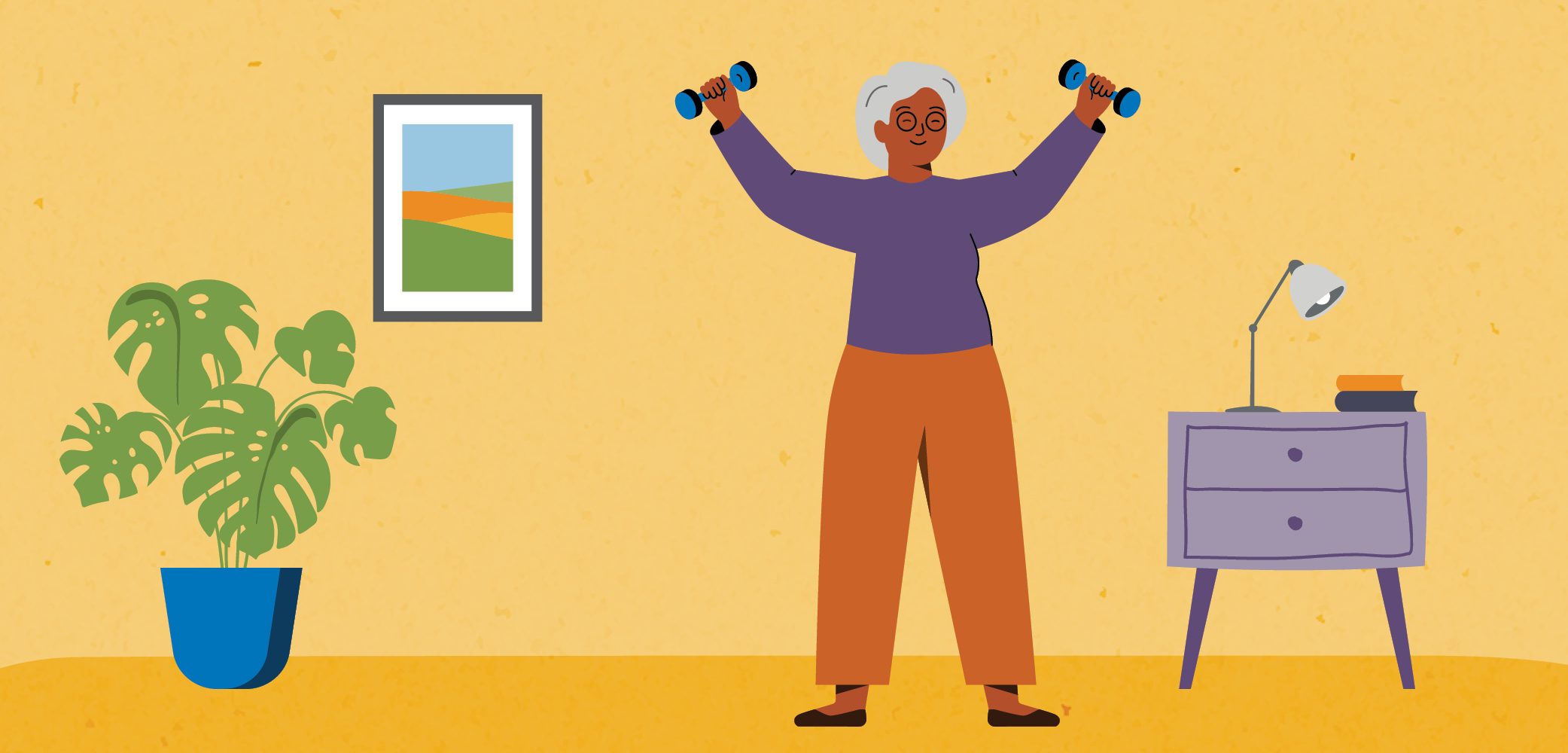 Illustration shows older woman doing exercise at home