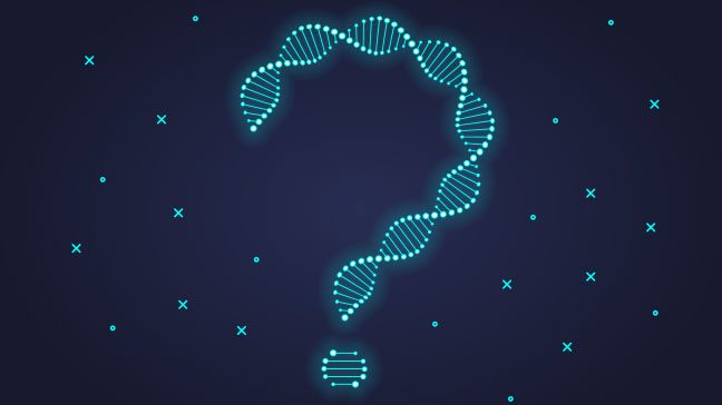 Question mark made from a DNA strand against a navy blue background