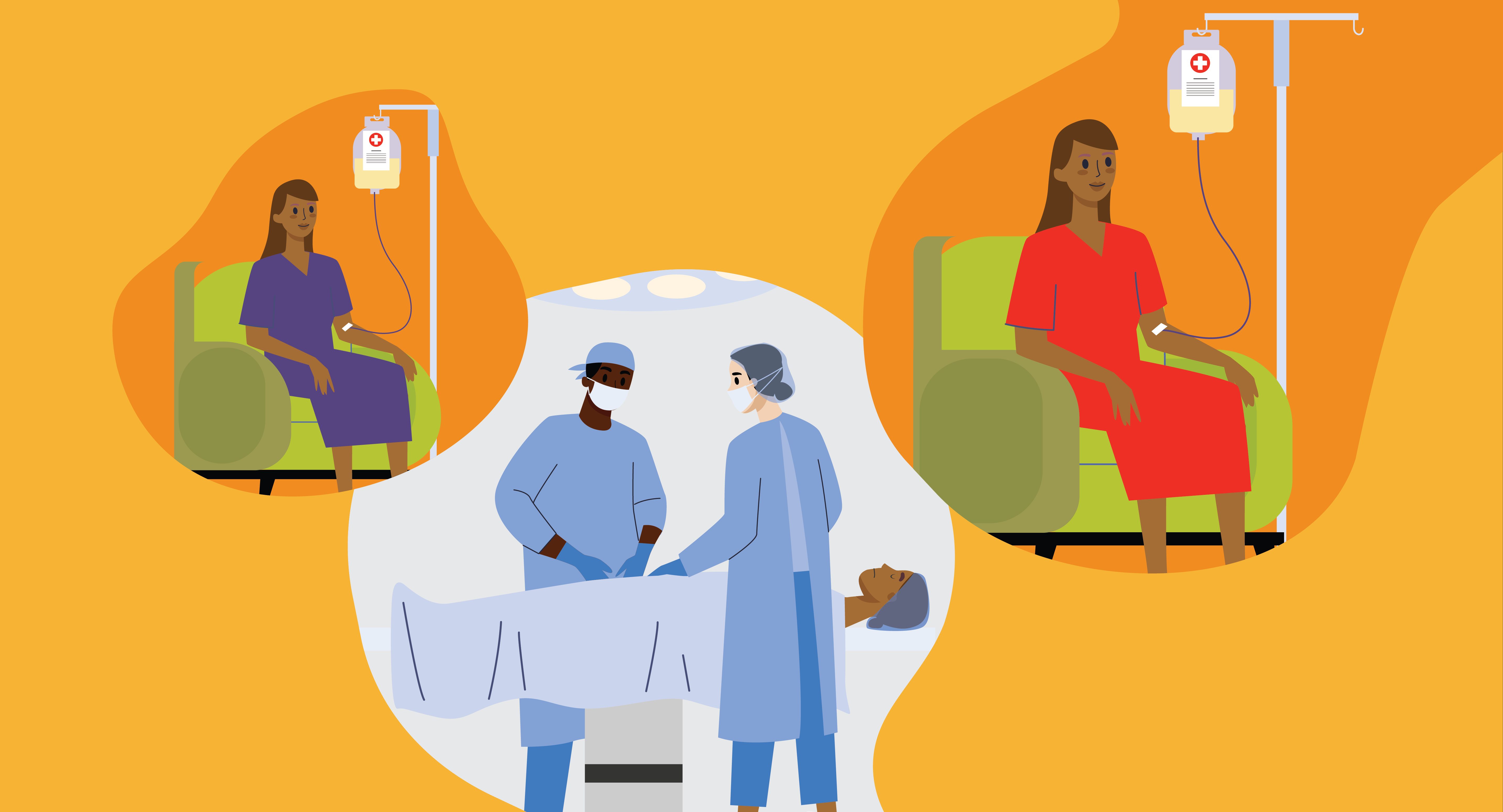 Illustration of people receiving an IV in their arm and also someone being operated on.