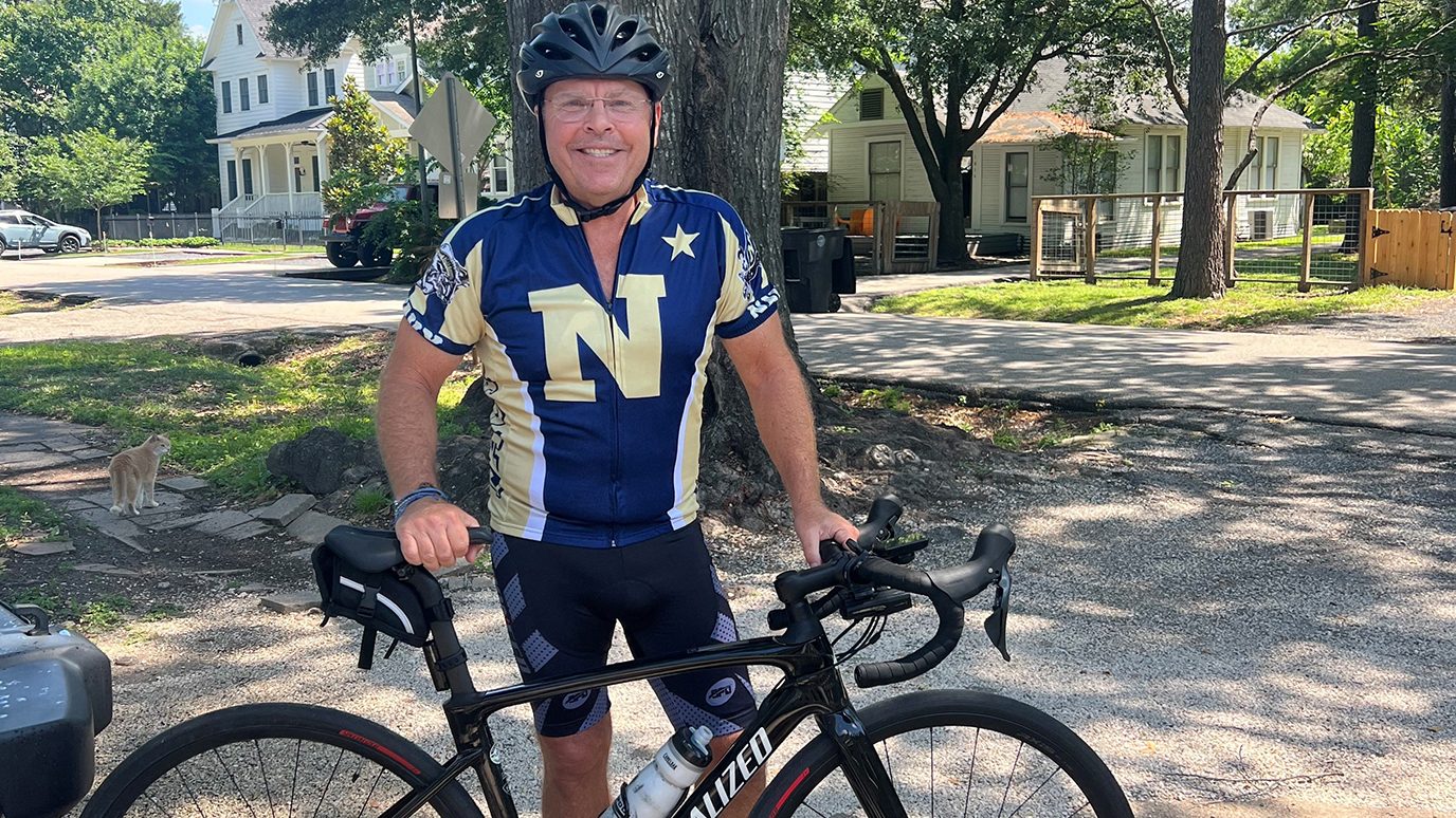 Double-hit lymphoma survivor David Saba with his bicycle