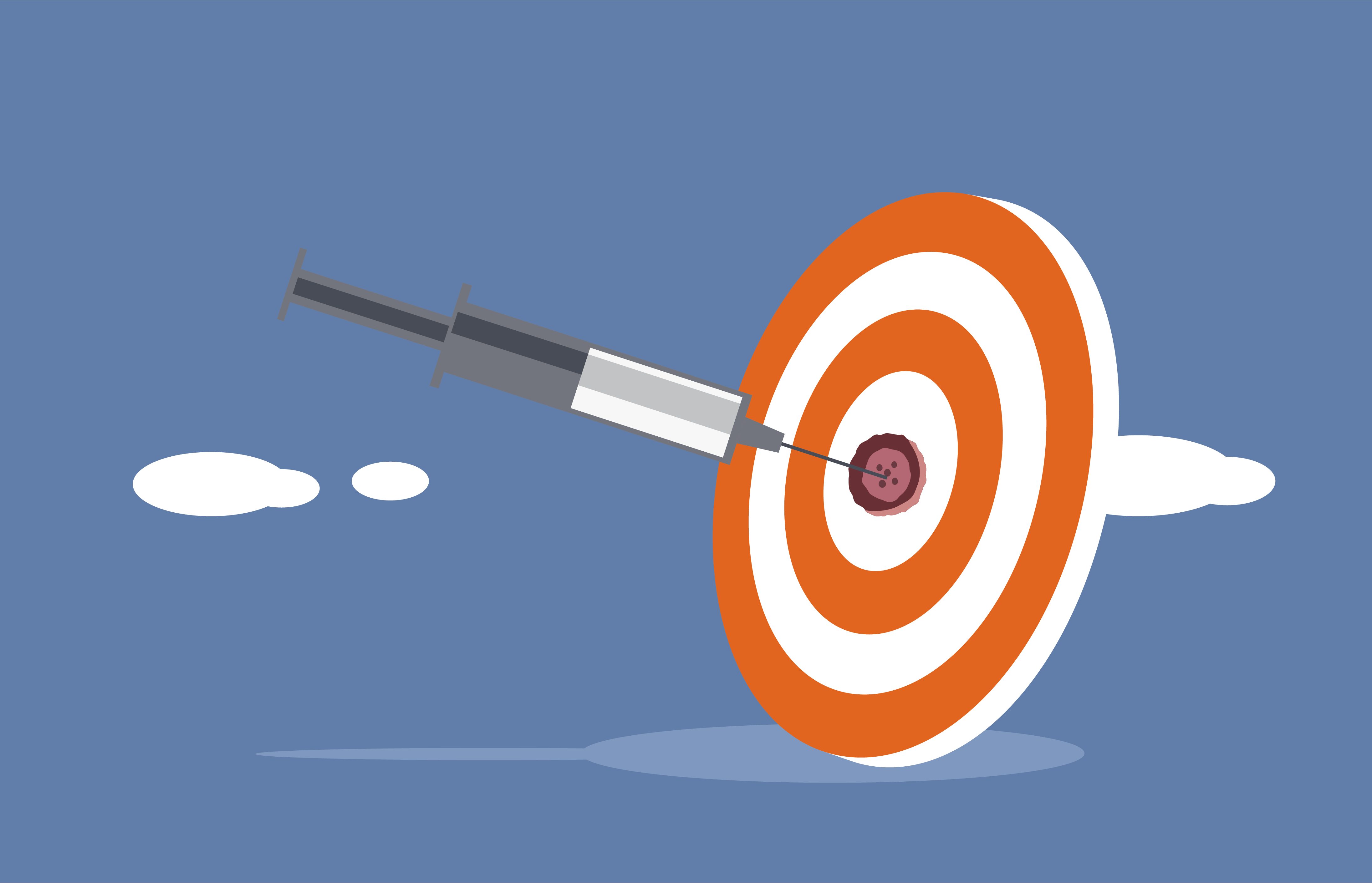 Orange and white striped target with syringe piercing cancer cell in the bullseye