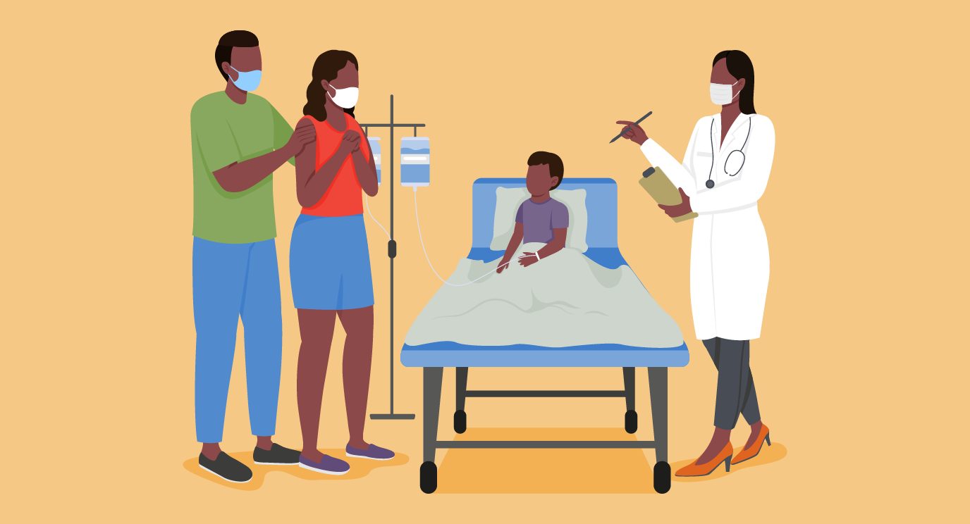 illustration of parents and doctor standing around hospital bed with child in it.