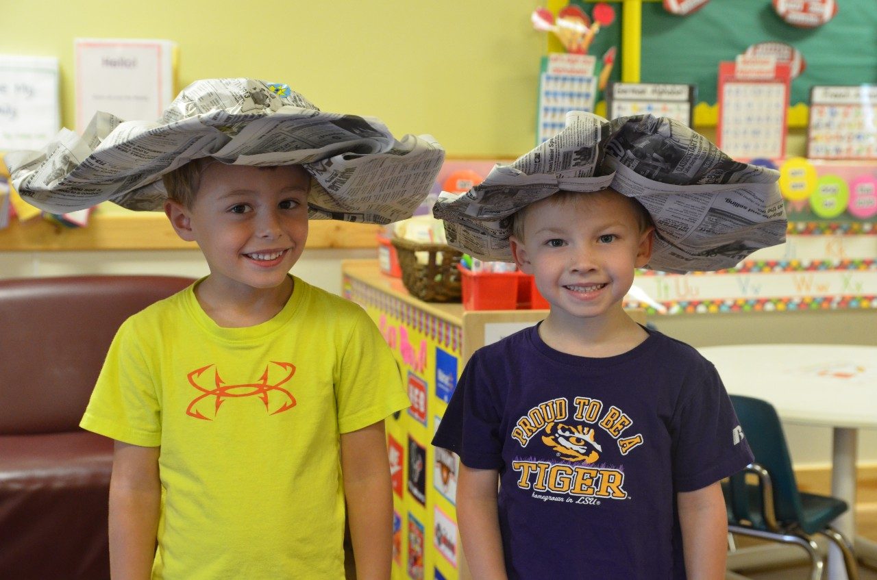 two kids in homemade hats