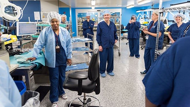 Peter Pisters meets with the sterile processing team.