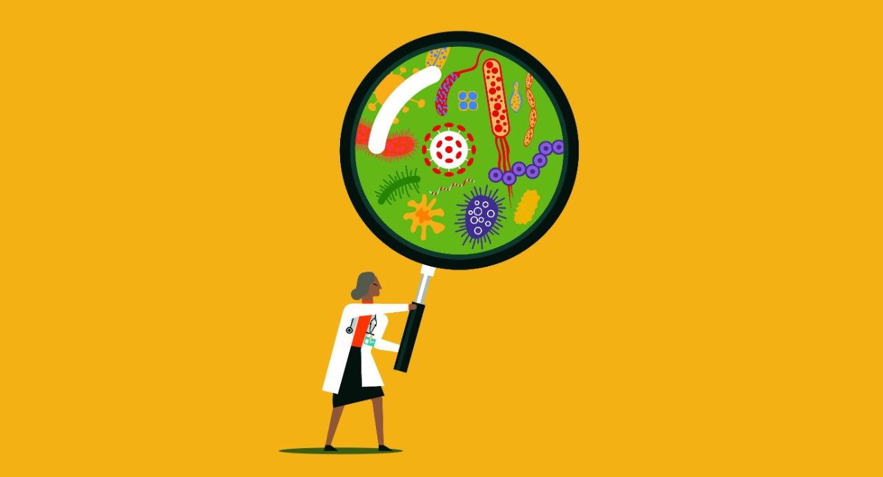 Graphic: doctor holding magnifying glass showing different bacteria