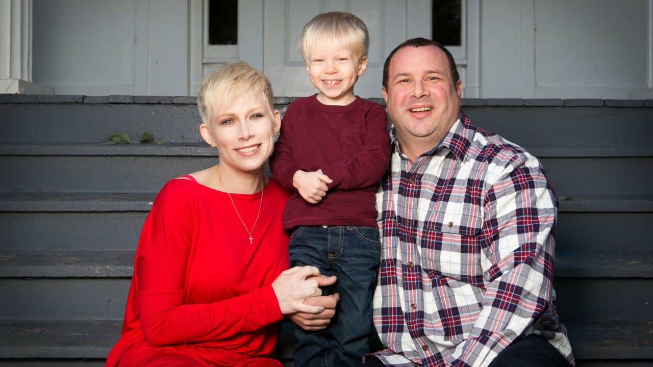 Dusty Bailey with her son and husband, skull base tumor survivor Mark Bailey