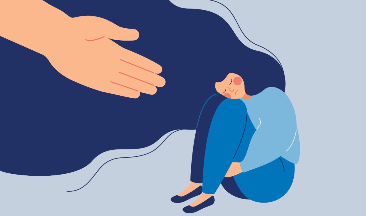 Drawing of hand reaching out to sad person