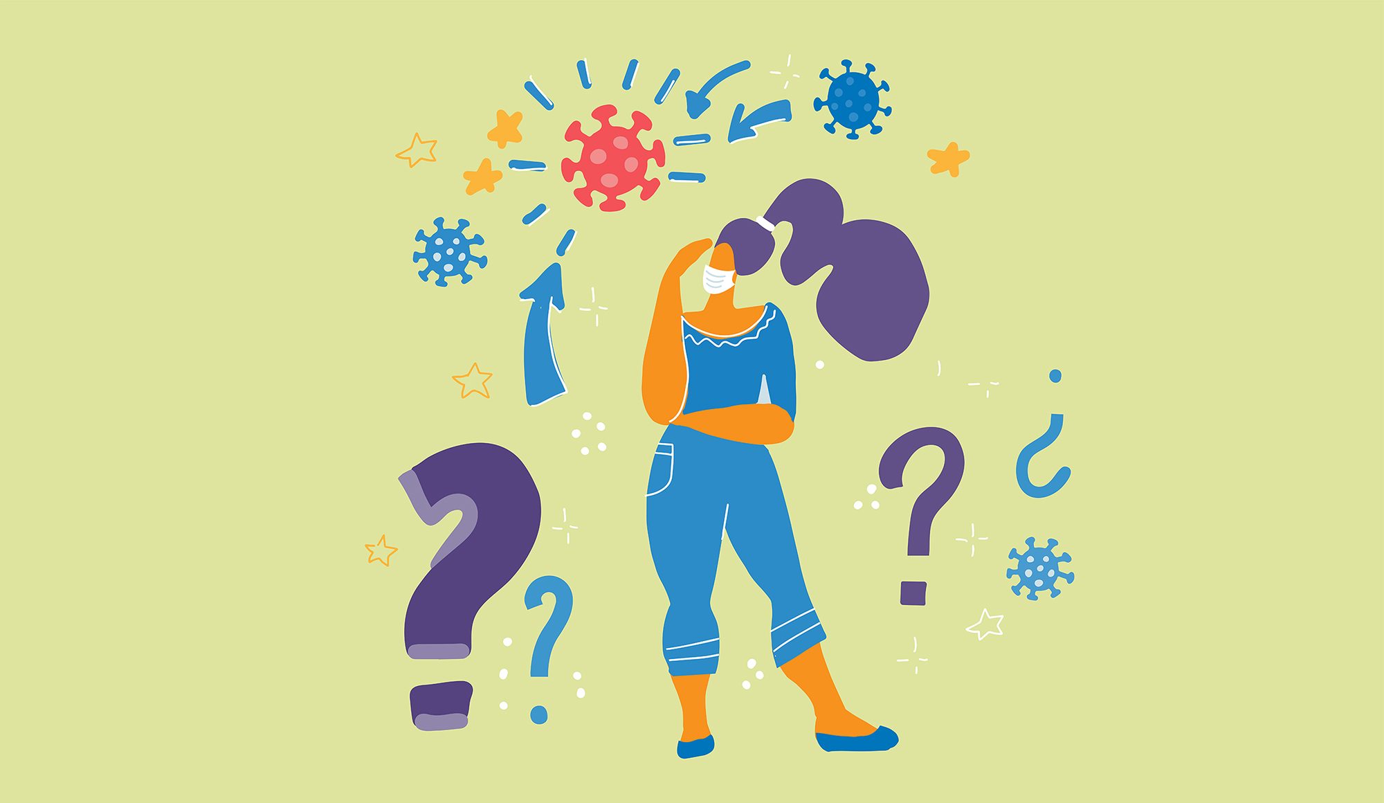 Drawing of a woman surrounded by question marks and virus particles