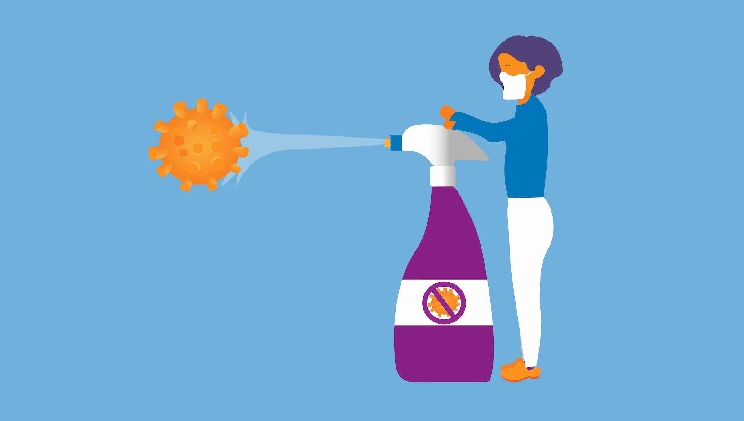 Graphic of woman squeezing handle of giant spray bottle on virus particle