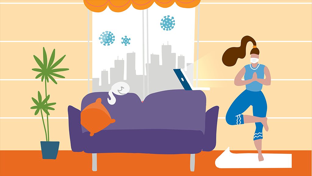 Graphic of masked woman doing yoga in her city apartment 