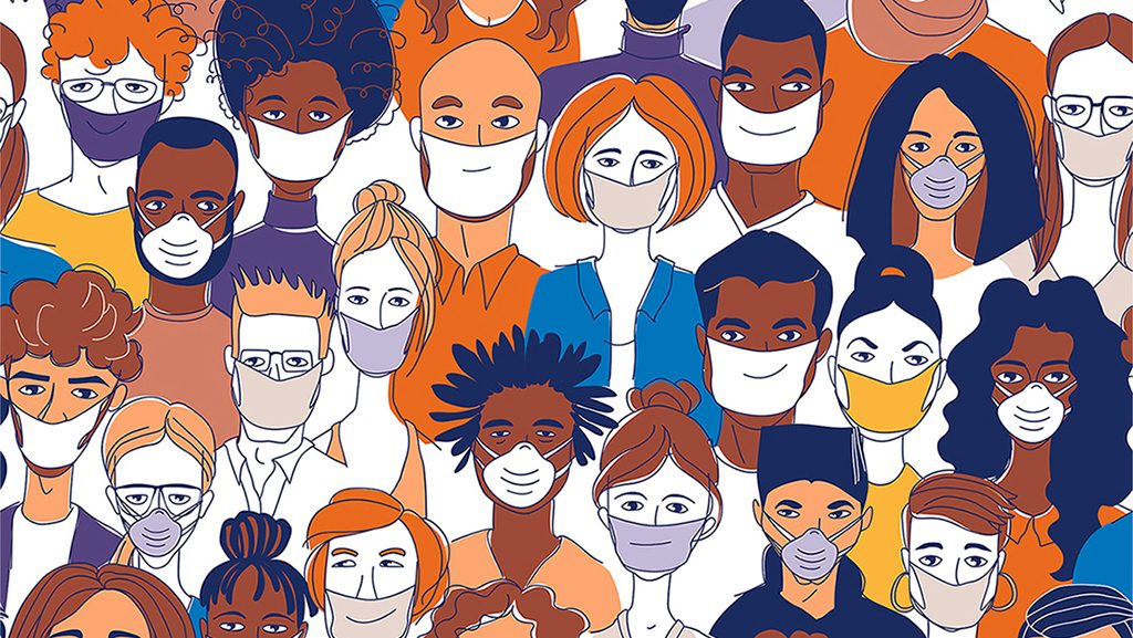 Illustration of crowd wearing different kinds of masks to prevent COVID-19