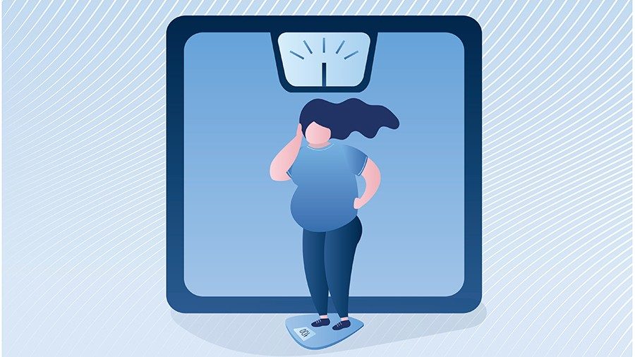 Illustration of overweight woman standing on a scale
