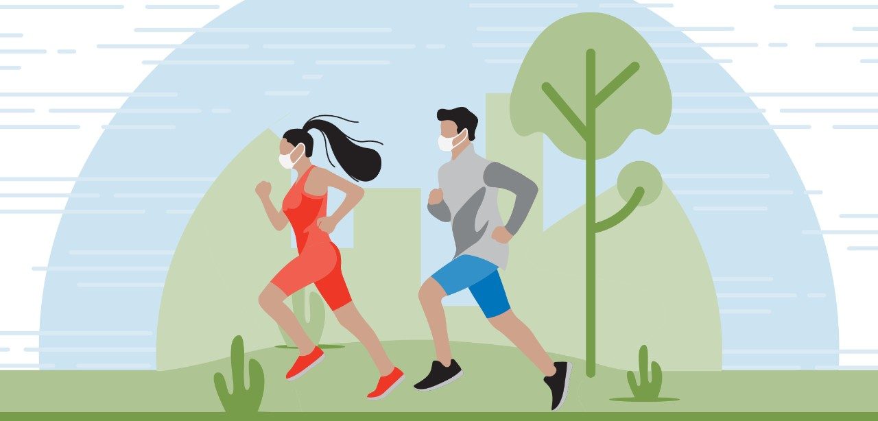 illustration of man and woman running in a park with masks