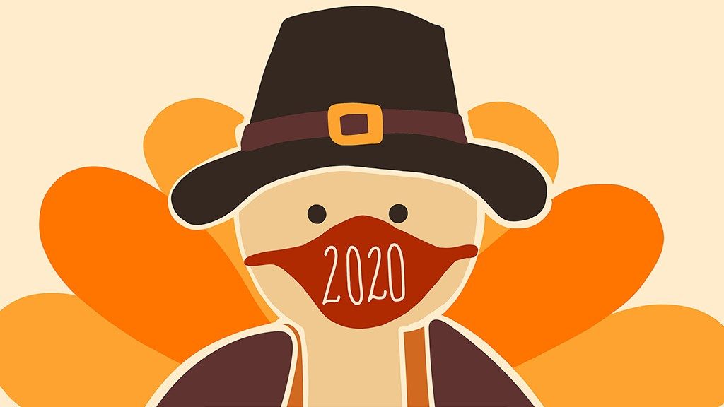 Illustration of stylized, masked turkey in a Pilgrim hat