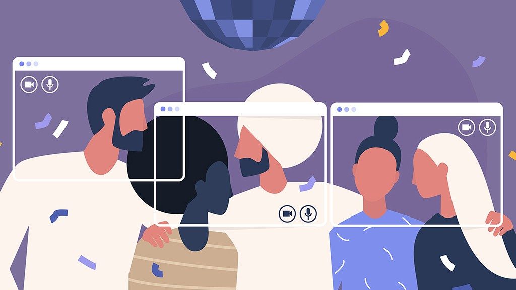 Drawing of five people video-conferencing for a party