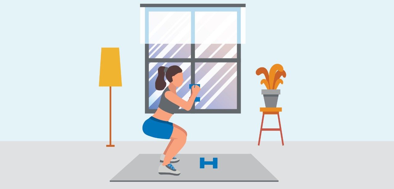 Illustration shows woman doing goblet squat in her home.