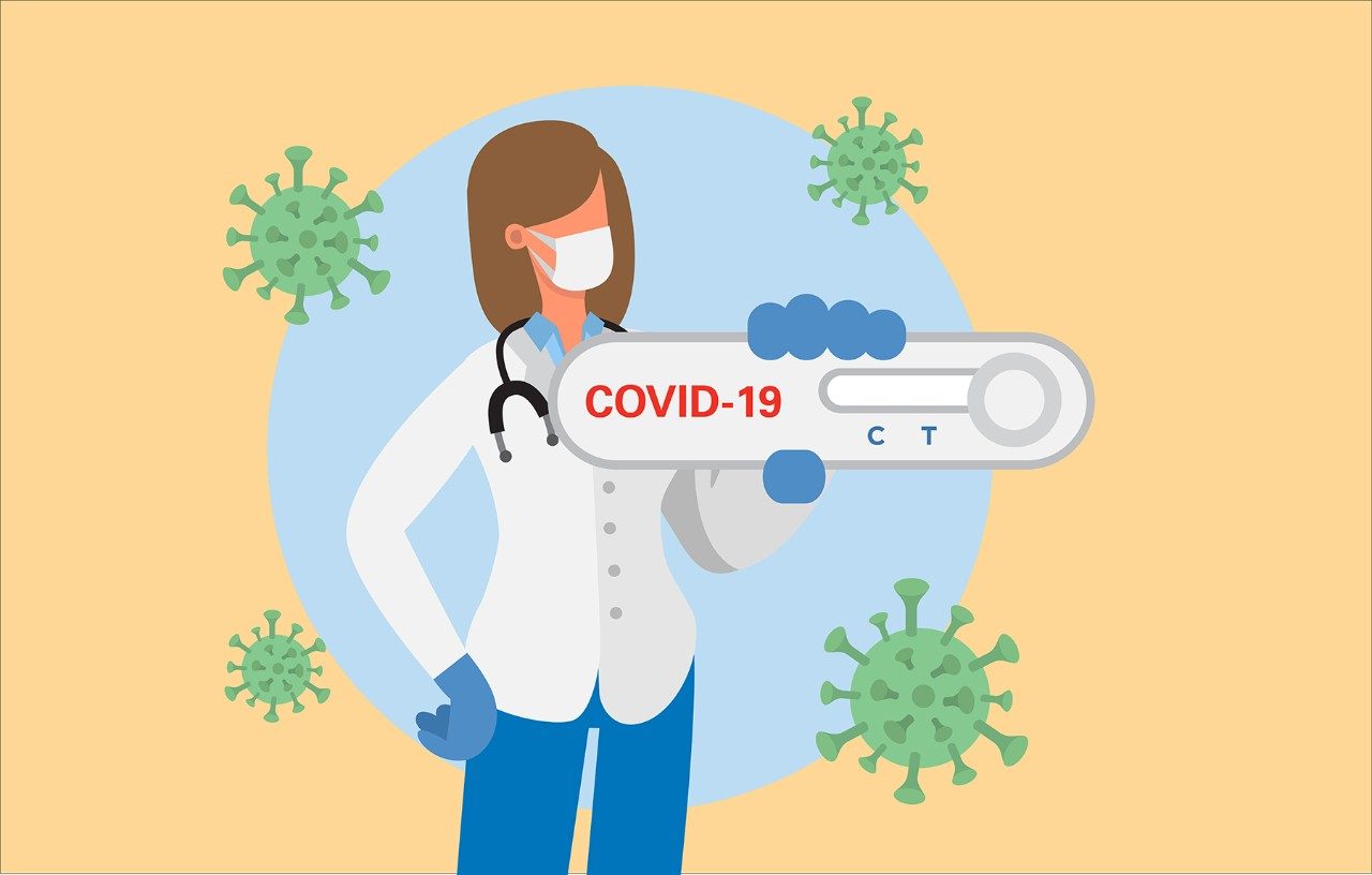 Illustration of doctor holding rapid COVID-19 antigen test