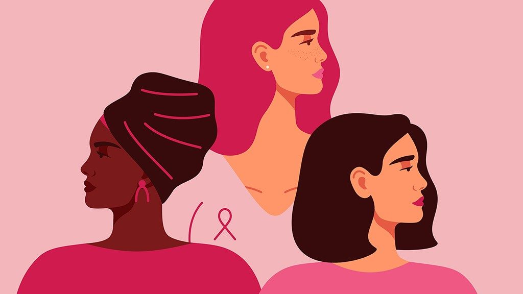 Three stylized women with pink ribbons