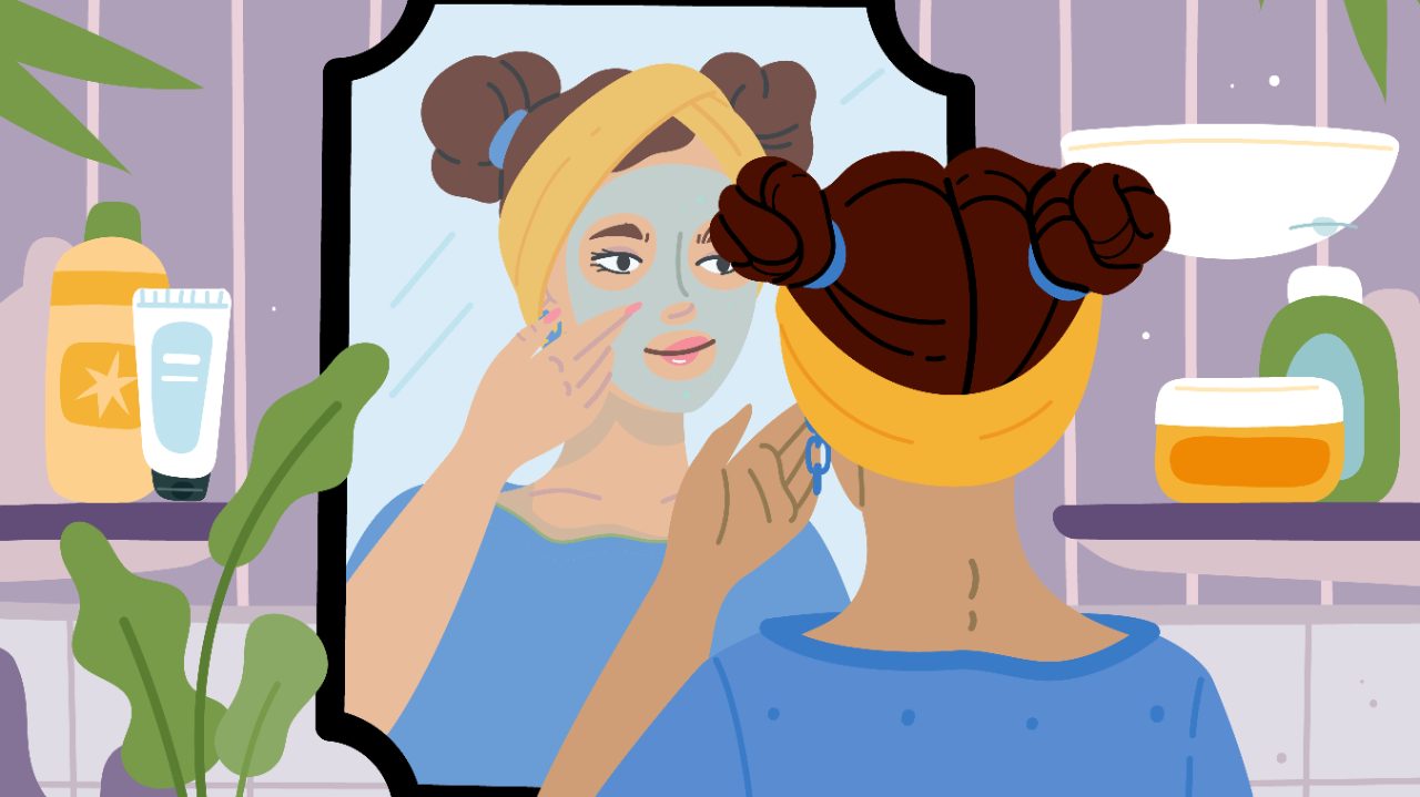 illustration of woman looking in the mirror and applying face cream