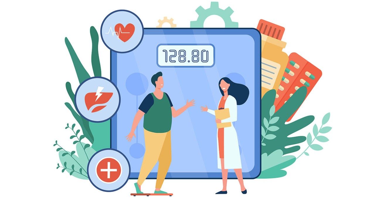 illustration of man talking to doctor with a large scale, medicines and other images as the background