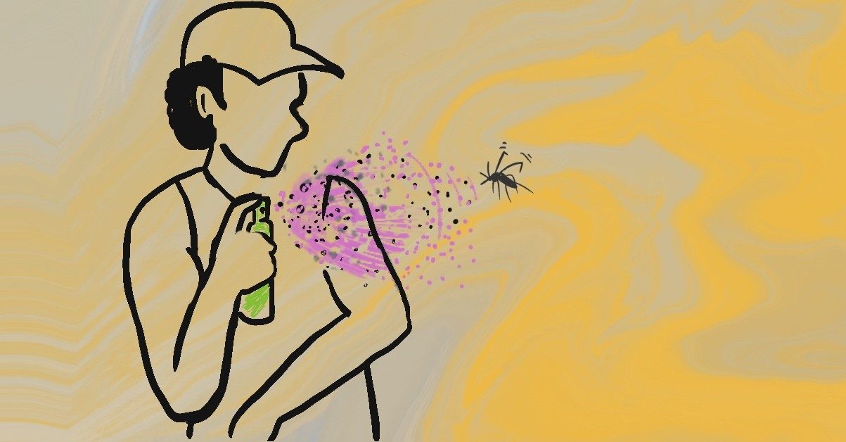 illustration show someone spraying on bug spray to stop a mosquito