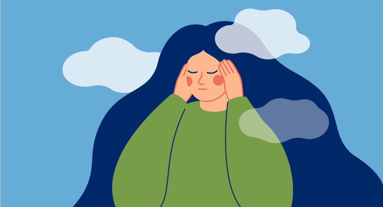 illustration shows women holding her head