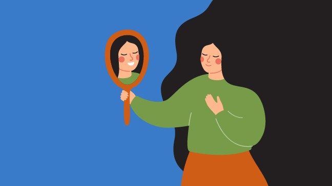 Illustration with woman in green shirt with long black hair looking in handheld mirror at herself