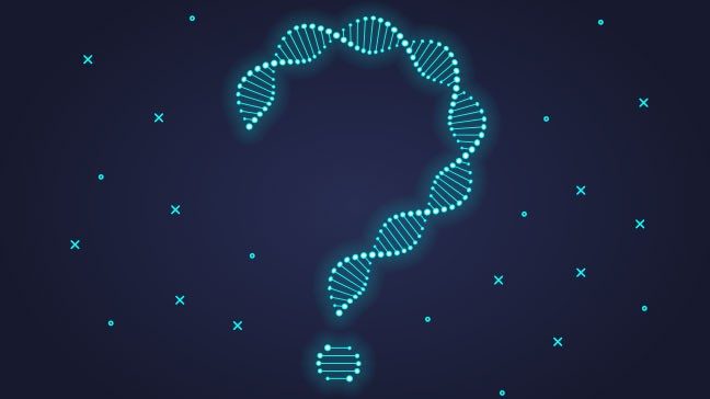 Question mark made from a DNA strand against a navy blue background