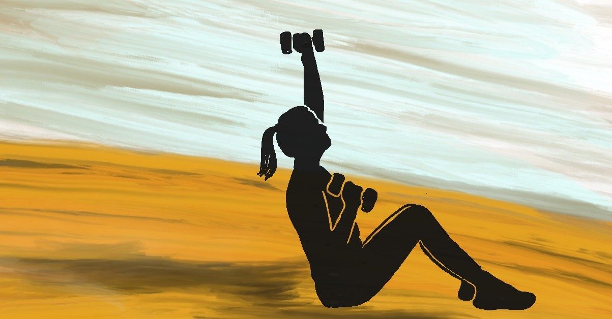 illustration shows woman sitting and exercising with dumbbells