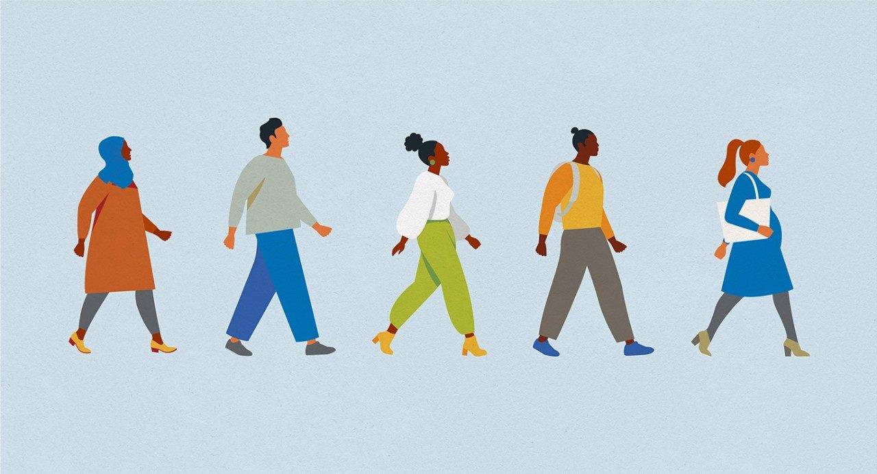 illustration of diverse group of people walking in colorful clothing