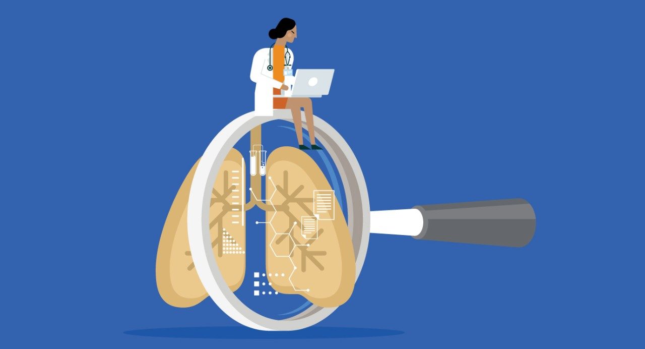 Illustration of a doctor looking at a laptop and sitting on a pair of lungs under a magnifying glass. 