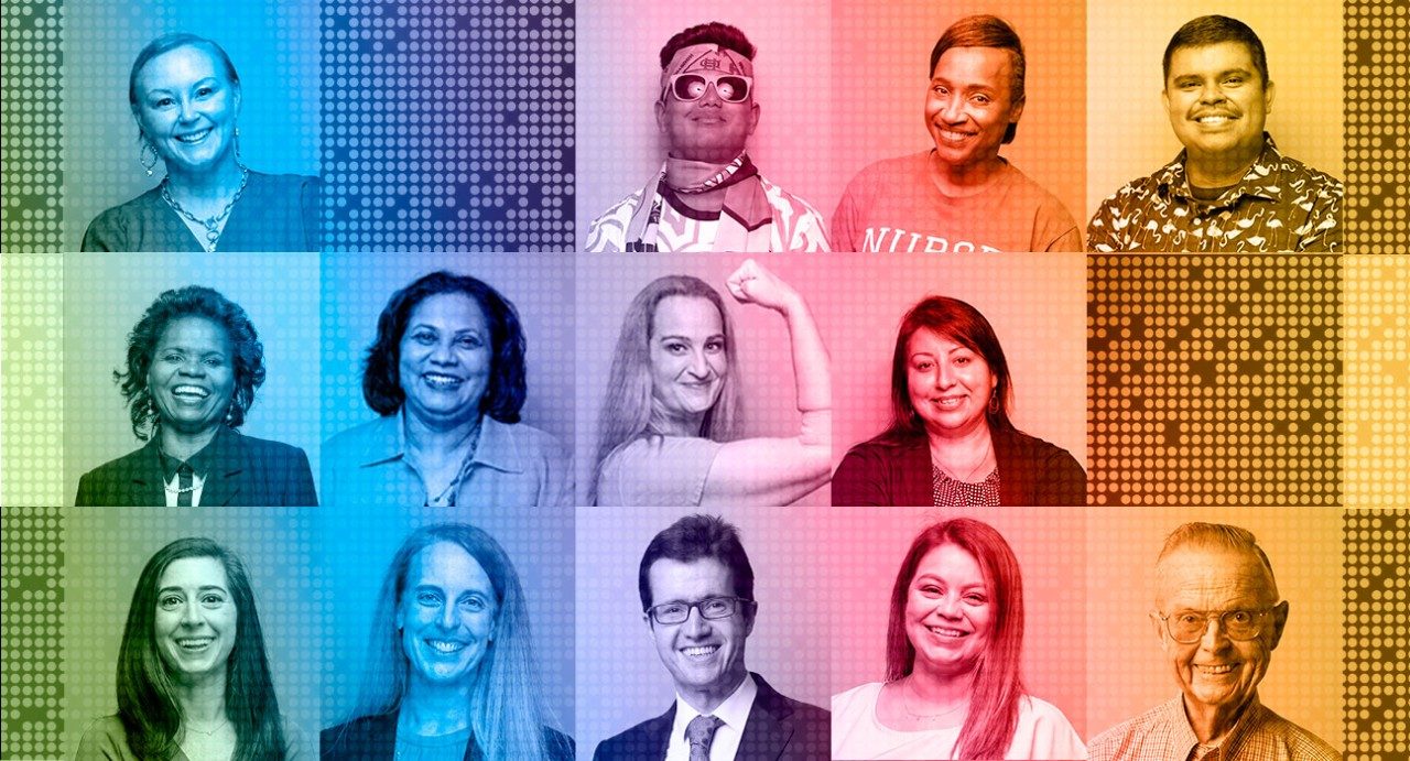 Rainbow-colored collage featuring portraits of MD Anderson employees, patients, caregivers, blood donors and students