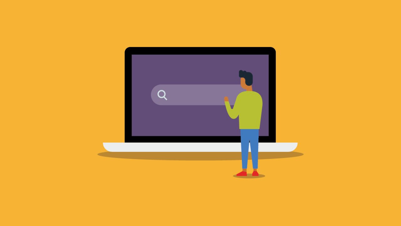 Illustration of a person touching a search bar on a computer screen against a yellow background