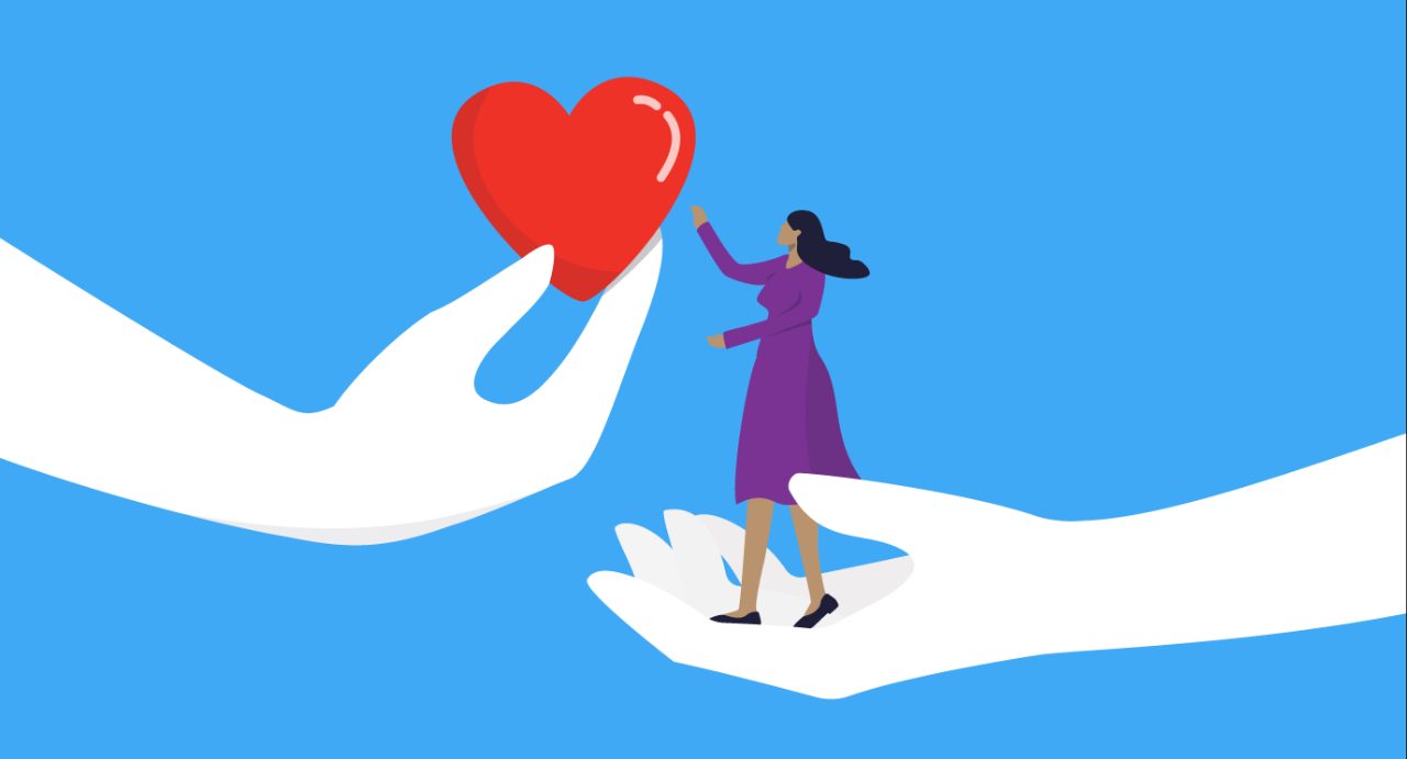 illustration of two hands holding a woman offering support with a heart