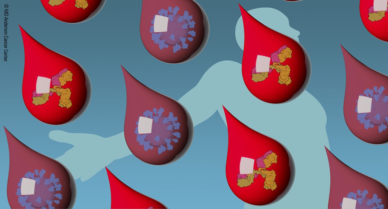 Illustration of floating blood droplet matrix with human silhouette on blue background