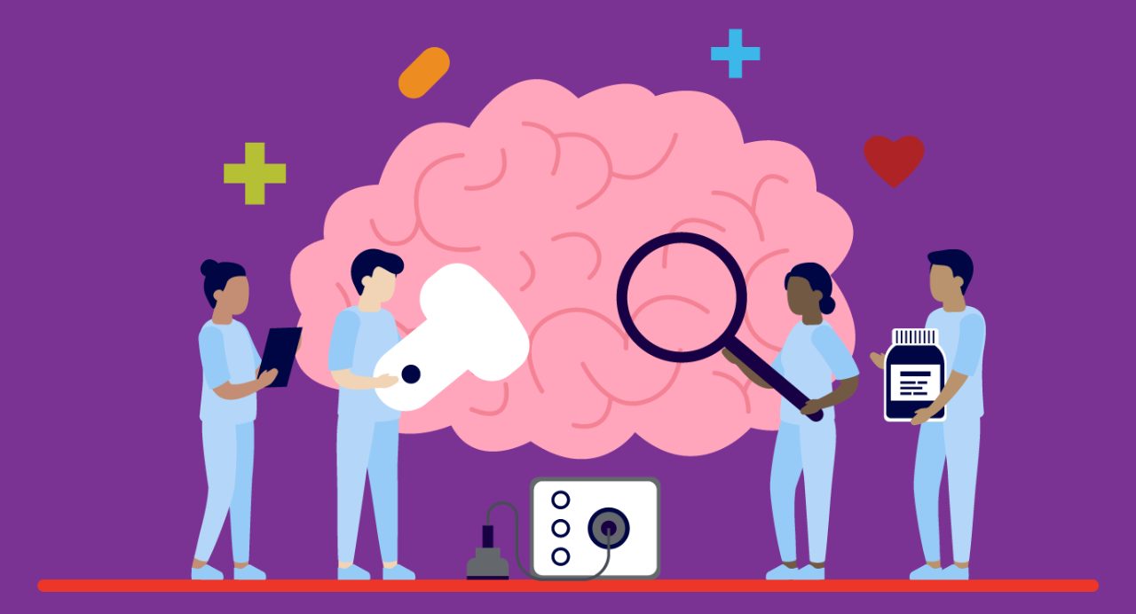 Infographic of medical workers around an illustration of a brain