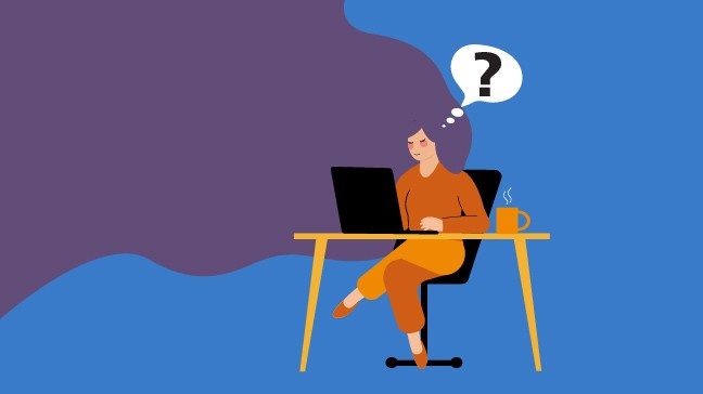 Illustration of a woman searching for information online, looking confused 