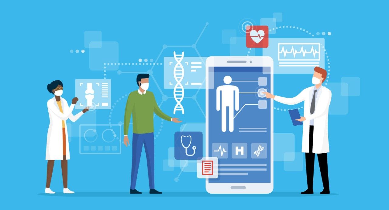 Man in green sweater and blue pants discussing online medical chart with two doctors