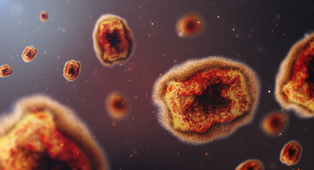 Artistic close-up rendering of orangey-reddish-brown Mpox (formerly called monkeypox) virus cells