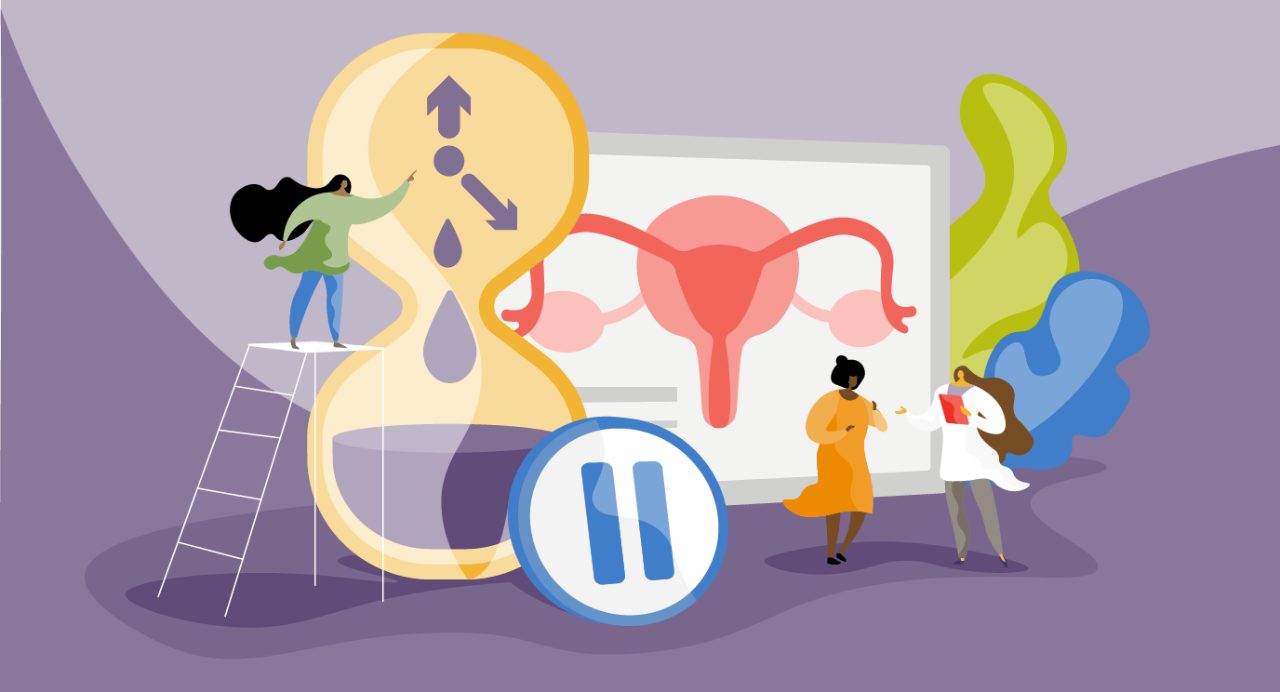 Illustration of woman staring at an image of ovaries and a ticking clock