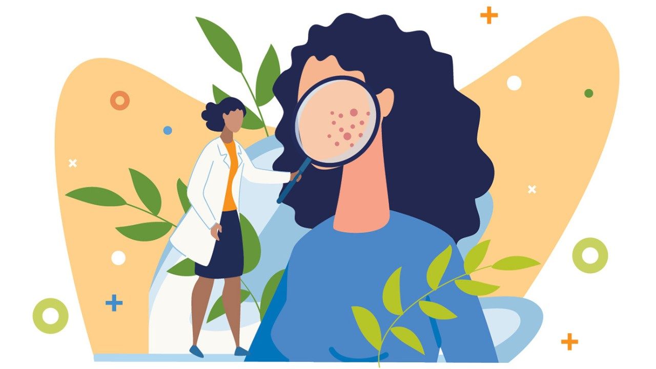 Illustration of a physician with a magnify glass doing a skin check on a person's face.
