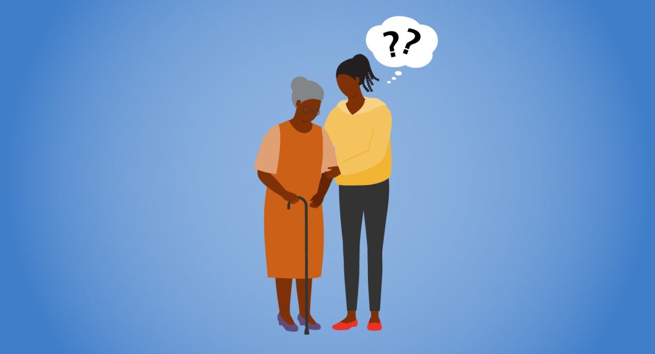 Illustration of an elderly woman being led by a younger woman with a question box above her head