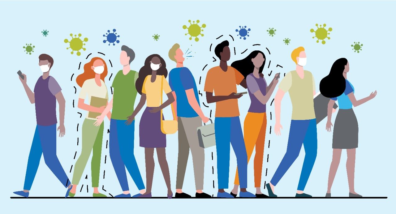 Drawing of nine standing people with oversized virus particles floating over the group's heads 